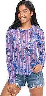 [ODAWA] Striped Purple Floral Long Sleeve Mesh Shirt Mesh Crop Tops for Women Girls