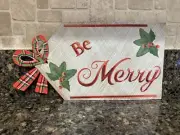 NEW PIER 1 ONE CHRISTMAS 12” X 6” METAL PRESENT TAG SIGN PLAID BOW BE MERRY