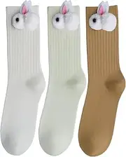 [BOTRFMUNY] 3 Pairs Women Cotton Crew Socks Animal Socks Cute Emulation Rabbit Decoration Women Casual Crew Sock, White Green Brown