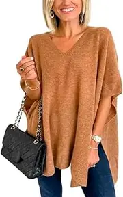 Melliflo Women V-Neck Poncho Sweater Solid Lightweight Pullover Shawl Wrap Cape Pullover Sweaters Baggy Tops