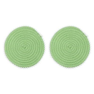 2Pcs Round Braided Placemats, 7.7" Woven Floral Edge Placemats (Green)