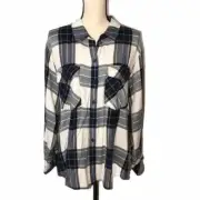 Sanctuary Womens Size L Button Front Tunic Top Blue Cream Plaid Long Sleeve NEW