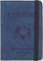 [Fiohiros] Passport Holder for Women and Men, Premium Leather RFID Blocking Passport Wallet, Passport Cover Travel Essentials for ID & Credit Cards, Perfect for Plane Trips, Journeys (Blue)