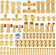 101Pcs Brass DOT Air Brake Line Fittings Assortment,1/4" 1/8" 3/8" 1/2" Quick Connect Hose Fittings DOT Compression Air Nylon Tubing Fittings Assortment Repair Kit for Truck or Industrial Air System