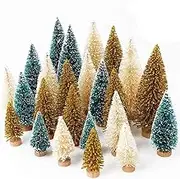 OurWarm 24Pcs Artificial Frosted Sisal Christmas Tree, Bottle Brush Trees with Wood Base DIY Crafts Mini Pine Tree for Christmas Home Table Top Decor Winter Ornaments Green, Gold and Ivory