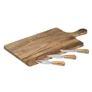 4pc Fromagerie Stainless Steel Cheese Knife Set w/ Short Rectangle Acacia Board