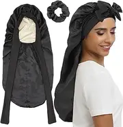 SENGTERM Long Satin Bonnet Sleep Cap- Double Layer Silk Braid Bonnet for Long Curly Hair Women Sleeping Cap with Tie Band, Long Black