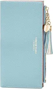 [KOTORA] Womens Slim Wallet Girls Thin Wallets Pretty Mini Long Card Holder Small Tiny Clutch Zip Purse Love Pendant Tassels Billfold, Blue, Minimalist