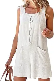 [Chartou] Women Shorts Overall Front Button Cotton Linen Summer Wide Leg Shorts Romper