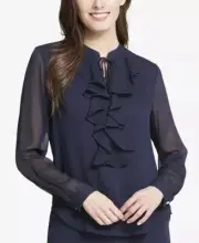 NWT TOMMY HILFIGER NECK TIE FRONT RUFFLE LS CHIFFON TOP SZ S