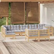 9 Piece Garden Lounge Set with Grey Cushions Solid Pinewood, Furniture Sets, Patio Furniture