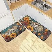 Leopard Colorful Garden Kitchen Mats for Floor, 2 Piece, Funny Cute Washable Non-Slip Kitchen Rugs Set for Home & Office, Sink, Laundry, 19.7” x 27.6” + 19.7” + 47.2”