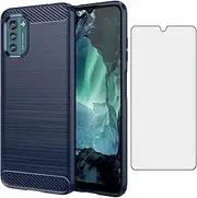 [Asuwish] Phone Case for Nokia G21 / G11 with Tempered Glass Screen Protector Cover and Cell Accessories Slim Rubber Silicone Soft TPU Protective G 21 21G 11 11G 2022 Women Men Carbon Fiber Navy Blue
