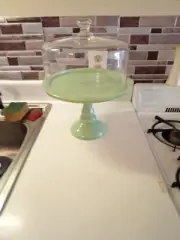 Pioneer Woman JADEITE CAKE STAND & Glass DOME 10" Holiday Green Discontinued