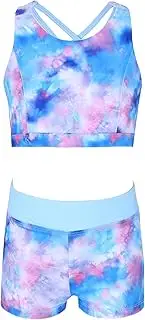 [FEESHOW] Kids Girls 2-Piece Swim Outfits Sport Crisscross Back Crop Bra Top Booty Short Set Beach Active