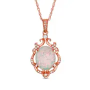 Oval Lab-Created Opal and White Sapphire Ornate Scroll Frame Drop Pendant in Sterling Silver with 14K Rose Gold Plate