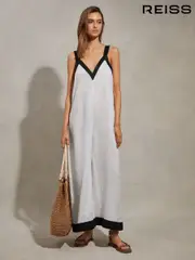 Reiss White/Navy Aida Linen Wide Leg Playsuit (795571) | $360