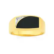 9ct Gold Black Agate & Diamond Gents Ring in Black