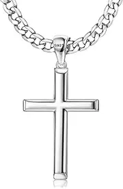 [Tungary] 925 Sterling Silver Cross Necklace for Men Women 5mm Stainless Steel Cuban Link Chain for Men Polished Silver Cross Pendant Chain Necklace Diamond-Cut Durable Mens Jewelry Gift 16-28 Inches