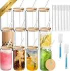 12 Pcs 16oz Glass Cups with Bamboo Lids & Straws, Can-Shaped, for Soda, Cocktail