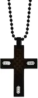 [JewelryWeb] 30mm Stainless Steel Brushed Black Ip Plated and Black Carbon Fiber With CZ Religious Faith Cross Pendant a Ball Chain Necklace 61 Centimeters Chain-Necklace for Women and Men