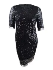 Taylor Women's Sequined Fringe Shift Dress (6, Black)