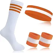 [Proxima Direct] Sweatbands Set, Including 1 Sports Headband +2 Wrist Sweatbands +1 Striped Sock for Women Men Girls Boys,Sports Sweatband for Gym Workout Yoga Soccer Boxing Tennis