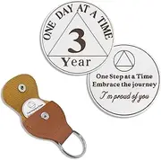 3 Year Sobriety Coin, One Step at a Time Sober Chip with PU Leather Keychain, Celebrating Recovery Anniversary Token, Alcoholics Anonymous Sobriety Gifts for Men Women