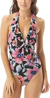 [Carmen Marc Valvo] Riviera Blooms Mesh Surpice Halter One-Piece