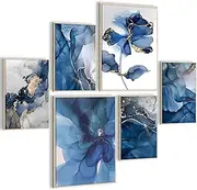 HONEYBABY Blue Canvas Wall Art for Living Room Modern Flower Framed Bathroom Wall Artwork Floral Nature Wall Art Pictures for Bedroom Walls Office Kitchen Hallway Set of 6
