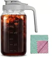 64oz Glass Pitcher Carafes With Handle and Lid, 2 Quart Mason Jar, Large Water Jug, Glass Containers for Fridge, Water Pitcher for Juice, Iced & Sun Tea, Cold Brew Coffee, Homemade Beverage