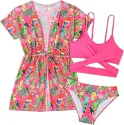 [COOLOYA] Girl's 3 Piece Bikini Set Tropical Print Bathing Suit Criss Cross Swimwear with Overall Kimono Cover Ups