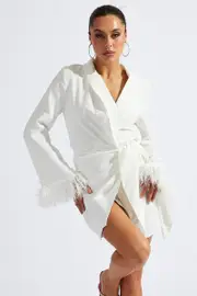 White Wrap Dress Long Sleeve Faux Feather Cuffs - Size 8, Women's Bodycon Dress