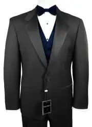 Sizes 34-50 Short. 6-Piece Tuxedo Package with Flat Front Pants & Navy Blue Vest