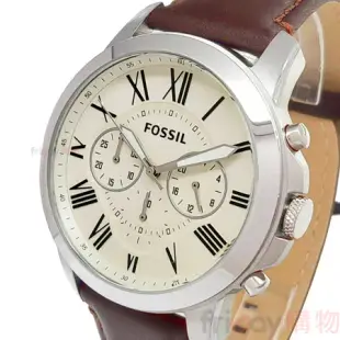FOSSIL 手錶 FS4735羅馬時標 三眼計時 44mm 米白色錶面 棕色皮帶 男錶