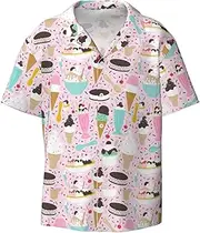 [HVTTIOR] Sweet Ice Cream Print Short Sleeve Shirt Cuban Collar Beach Casual Style Summer Vacation Relaxed Fit