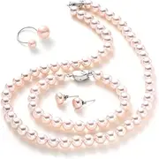 [AUSGER] 4 Piece Pearl Necklace Set for Women, Complete Set of Pearl Jewelry Includes Bracelet Stud Earrings Ring, Fashion Jewelry with Box for Wife Mom Best Friend