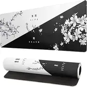 Black and White Japanese Cherry Blossom Gaming Mouse Pad Sakura Death Life Flower Mat 31.5x11.8 Inch Texture Non-Slip Rubber Base Mousepad Stitched Edges Keyboard Desk Pad for Office Home Game