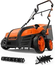 16-Inch 15 Amp Electric Dethatcher Scarifier, Lawn Dethatcher with 5-Position Depth Adjustment, 14.5 Gal Removable Thatch Collection Bag, Quick-Fold, Keeps Lawn Health, Orange