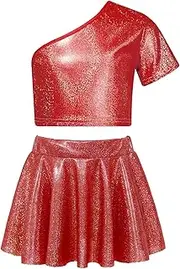 [Oyolan] Girls Sparkle Hip Hop Dance Outfit Performamce Costume Shorts Sleeve Crop Top With Skirt Set 416 Years