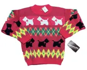 Vintage 1980’s Miniwaves Child’s Christmas Sweater Red Argyle Scottie Dogs NWT