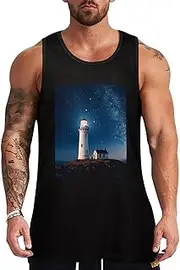 [NQHJT] Men Tank Tops Lighthouse Under Starry Night Sky Sleeveless T Shirts for Men's Fitness Quick Dry Gym Tank Top for Men