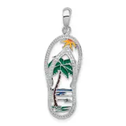 Sterling Silver De-Ani Rhodium-Plated Polished Enameled Palm Tree Flip-Flop Pendant