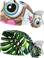 [WOSHJIUK] Working Hat 2 Pack Scrub Caps for Women,Owl Heart Rainbow Cloud,Tie Back Cap Adjustable Scrub Hat