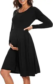 [WOOXIO] Women's Long Sleeve Maternity Dress with Pockets Patchwork Pregnancy Clothes