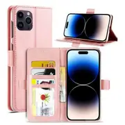 For Apple iPhone 14 Pro Case RFID Blocking Retro Flip Premium Leather Card Holder Wallet Cover – (Rose Gold)