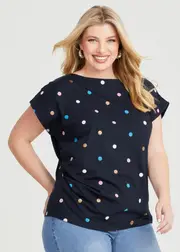 [Virtuelle] Taking Shape Cotton Drape Waist Spot Top Size 26 in Navy / Multi - Plus Size Women's Clothing Navy / Multi
