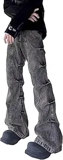 [Zylphorix] Men High Street Retro Washed Pants Trendy Comfortable Pleated Micro Flare Jeans Y2K Classic Bell Bottom Trousers, Black, X-Large