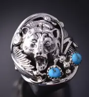 Size 11-1/2 Silver & Turquoise Navajo Grizzly Bear Ring Jeanette Saunders 4F10J