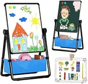 Kids Art Easel Double Sided Foldable Iron Easel Whiteboard Chalkboard 360°Rotatable Easel 29.6 inch-44 inch Height Adjustable Standing Drawing Board with Letters Numbers for Boys Girls